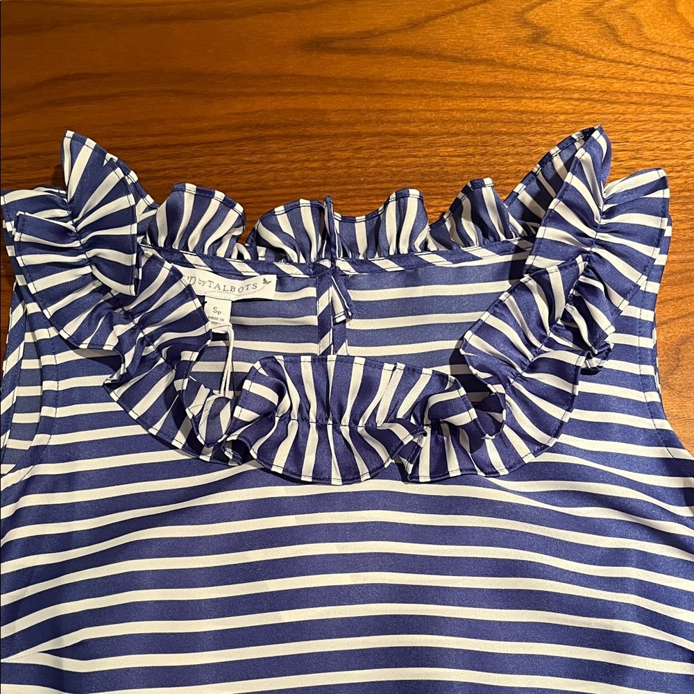 NWT RSVP by TALBOTS sleeveless striped shell top RUFFLED round neck side zip SP - Picture 7 of 13